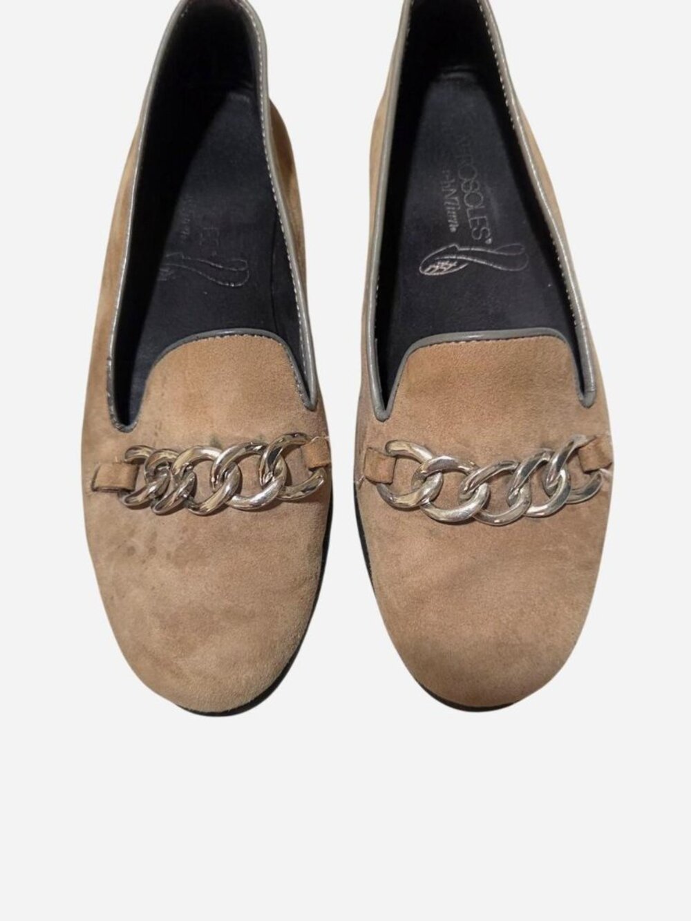 Tan suede loafers with silver chain detail